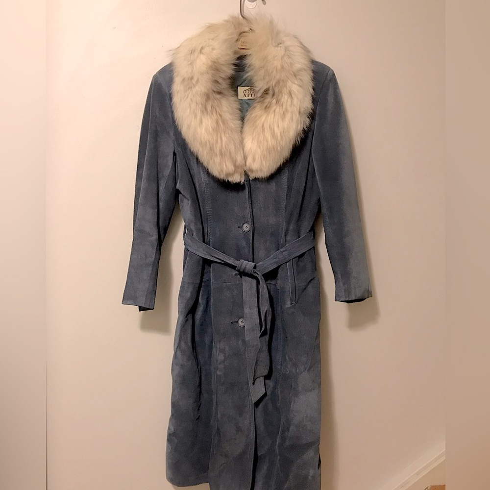 Vintage Blue-Grey Suede Fur Collar Coat